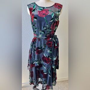 Tahari Black & Red Velvet Tiered Dress
